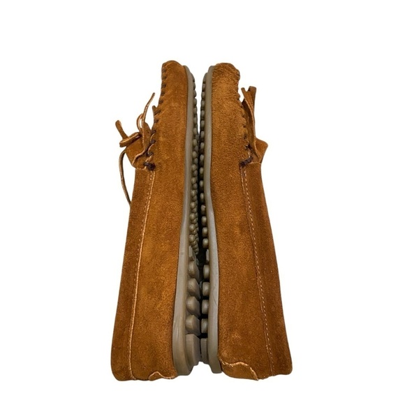 Minnetonka caramel suede leather moccasins slip on fringe detail whipstitch 9 - Picture 5 of 11